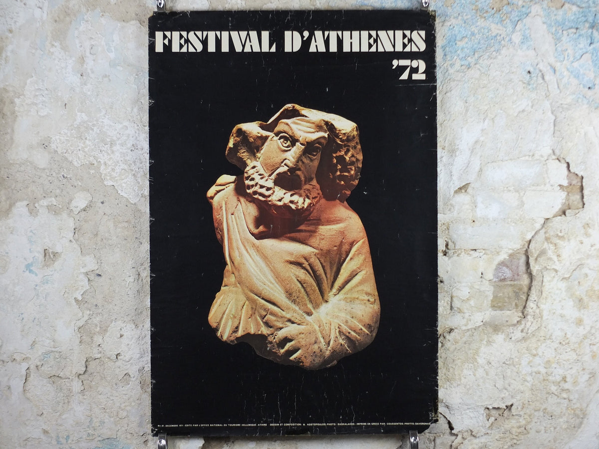 1972 Festival of Athens Poster, classical Greek sculpture, travel tourism, holiday vacation, wall art decor