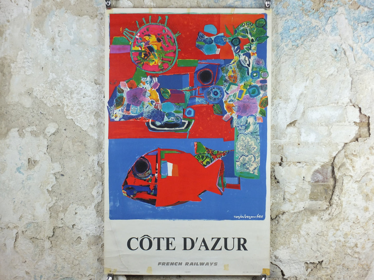 1968 SNCF Cote d'Azur Poster, French Riviera travel poster from Côte d'Azur, by Roger Bezombes, wall art retro decor