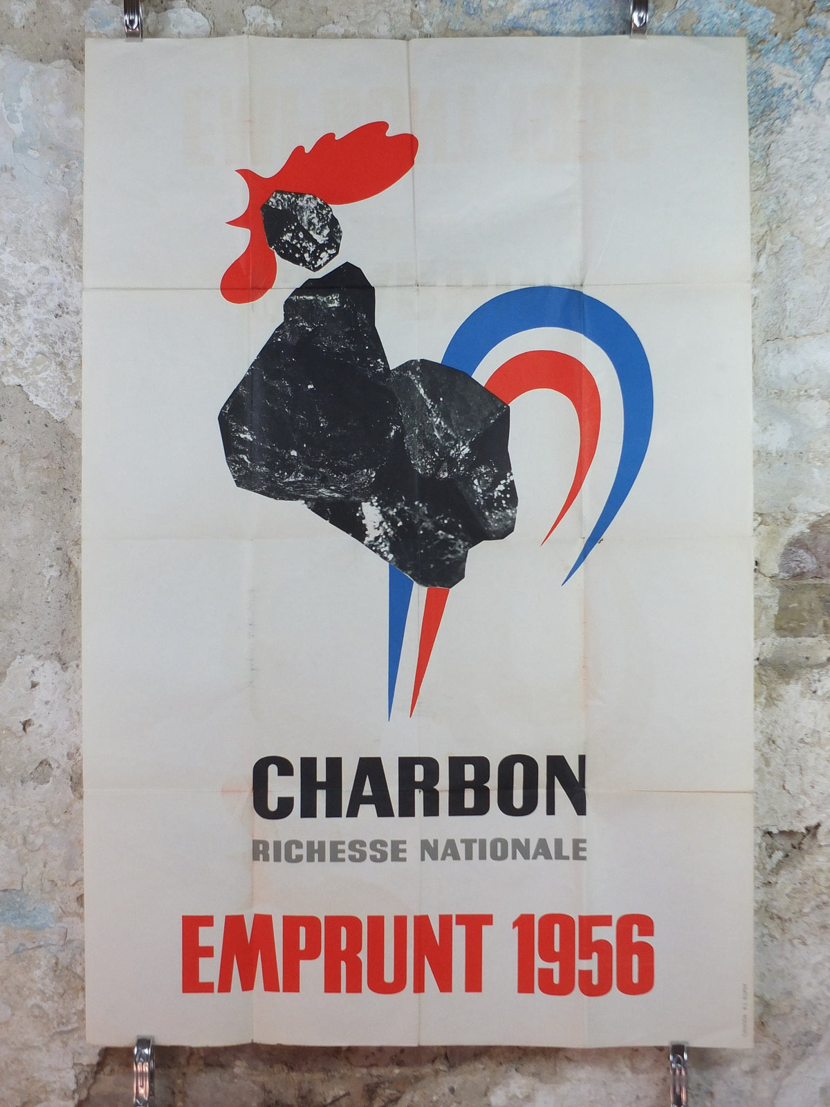 1955 Charbon Richesse Nationale Poster, Tricolour Rooster, by RL Dupuy, French Energy Industry, Bonds and financial loans, wall art decor