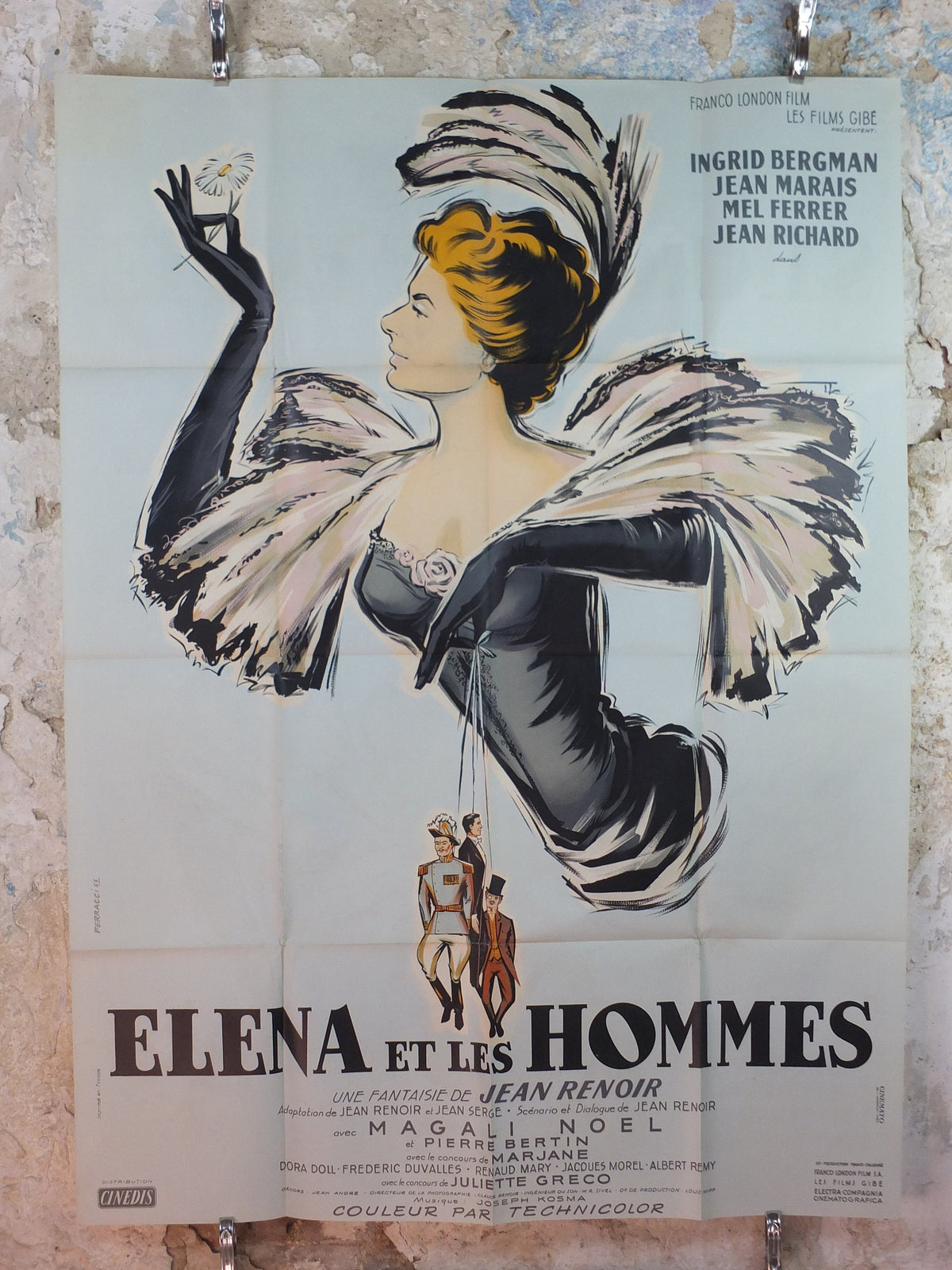 1956 Elena and her Men Poster, Ingrid Bergman, original Vintage French "Grande" size, Elena et les Hommes, beautiful powder grey/blue