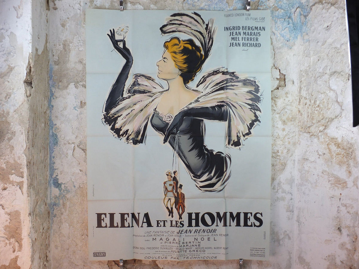 1956 Elena and her Men Poster, Ingrid Bergman, original Vintage French "Grande" size, Elena et les Hommes, beautiful powder grey/blue