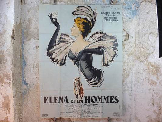 1956 Elena and her Men Poster, Ingrid Bergman, original Vintage French "Grande" size, Elena et les Hommes, beautiful powder grey/blue