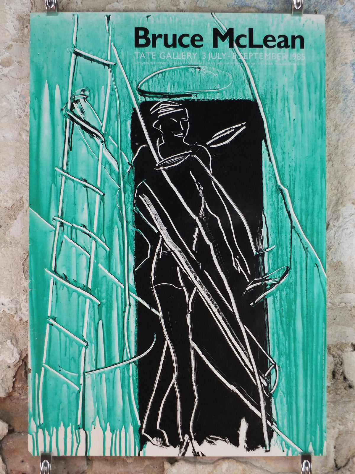 1985 Bruce McLean Poster, drawing of tradesman in teal and cyan, Tate Gallery London, art gallery exhibition, wall art decor