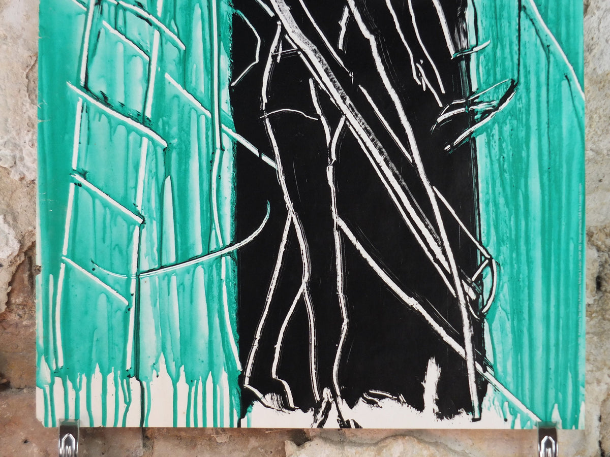 1985 Bruce McLean Poster, drawing of tradesman in teal and cyan, Tate Gallery London, art gallery exhibition, wall art decor