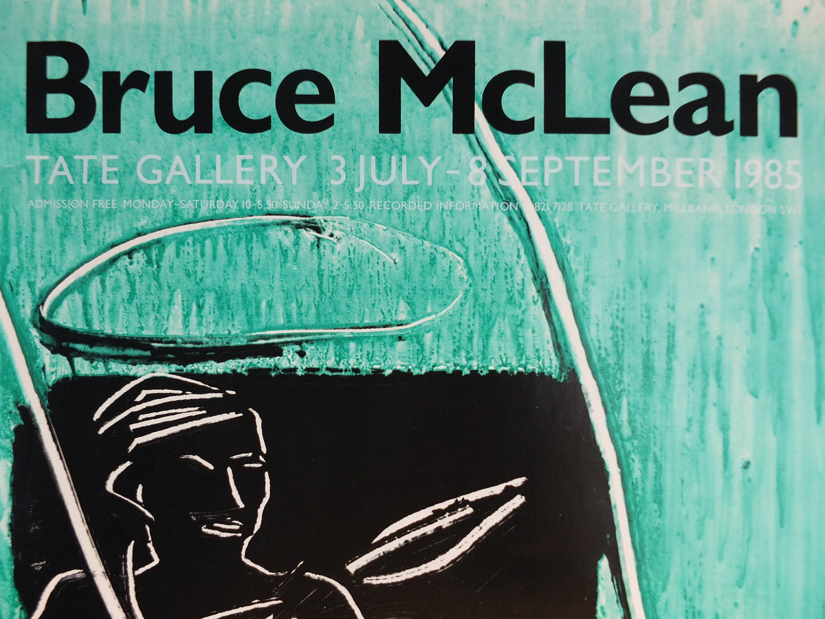 1985 Bruce McLean Poster, drawing of tradesman in teal and cyan, Tate Gallery London, art gallery exhibition, wall art decor