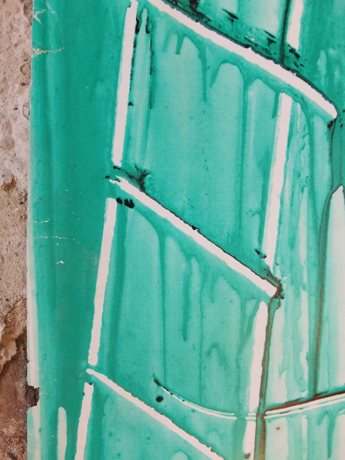 1985 Bruce McLean Poster, drawing of tradesman in teal and cyan, Tate Gallery London, art gallery exhibition, wall art decor