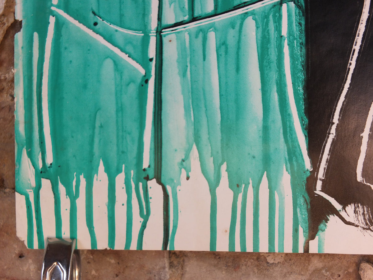 1985 Bruce McLean Poster, drawing of tradesman in teal and cyan, Tate Gallery London, art gallery exhibition, wall art decor