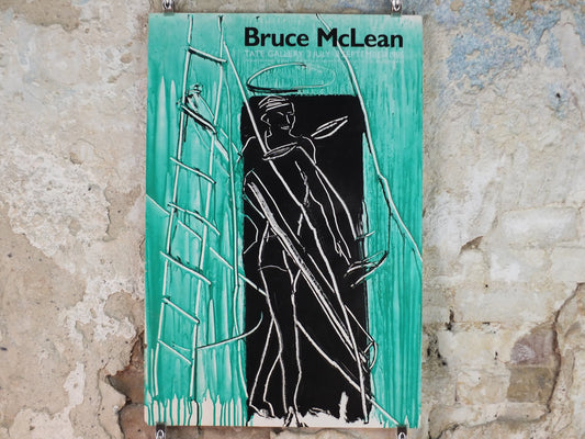 1985 Bruce McLean Poster, drawing of tradesman in teal and cyan, Tate Gallery London, art gallery exhibition, wall art decor