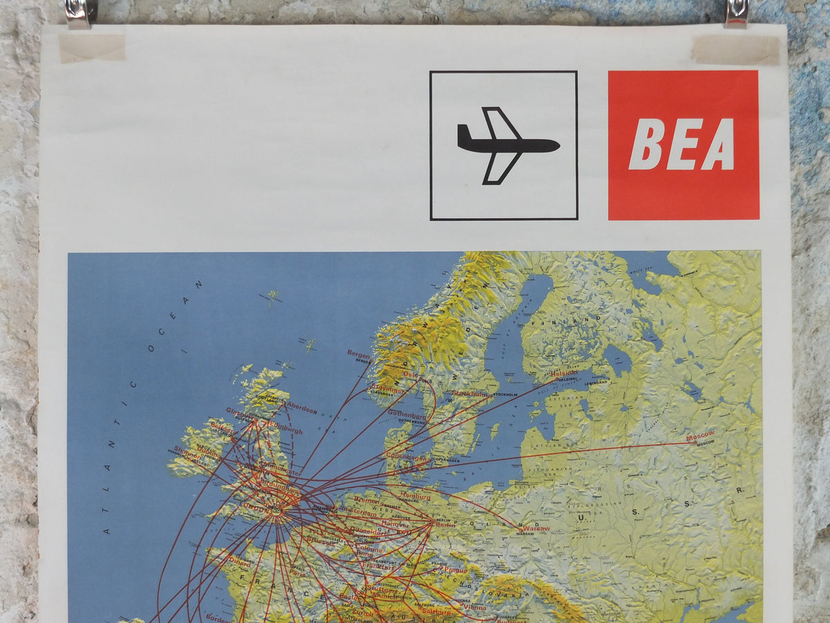 1967 BEA Europe Route Map Poster, British European Airways, Original Vintage Summer 1967, air travel tourism, wall art retro decor