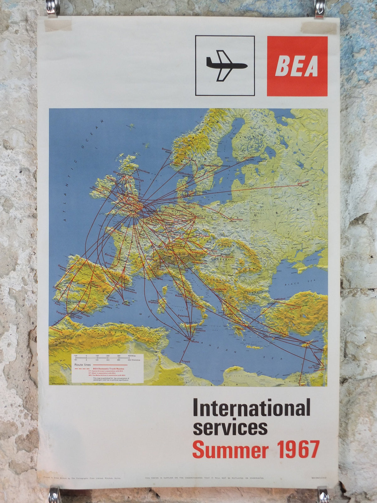 1967 BEA Europe Route Map Poster, British European Airways, Original Vintage Summer 1967, air travel tourism, wall art retro decor