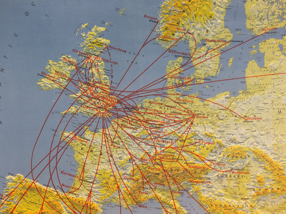 1967 BEA Europe Route Map Poster, British European Airways, Original Vintage Summer 1967, air travel tourism, wall art retro decor