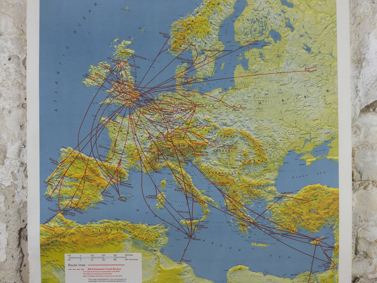 1967 BEA Europe Route Map Poster, British European Airways, Original Vintage Summer 1967, air travel tourism, wall art retro decor