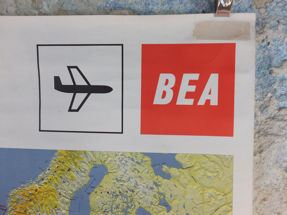 1967 BEA Europe Route Map Poster, British European Airways, Original Vintage Summer 1967, air travel tourism, wall art retro decor