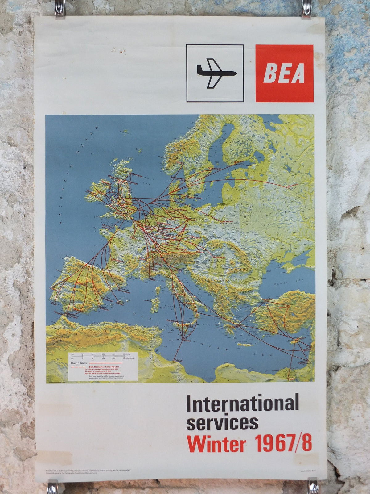 1967 BEA Europe Route Map Poster, British European Airways, Original Vintage Winter 1967-68, air travel tourism, wall art retro decor
