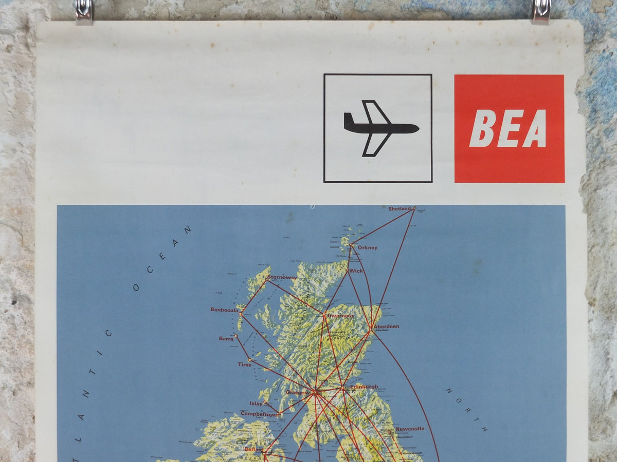 1967 BEA British Isles Route Map Poster, British European Airways, Original Vintage Summer 1967, air travel tourism, wall art retro decor