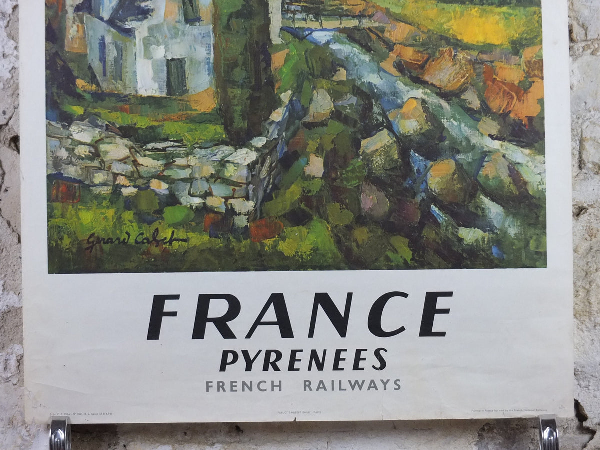 1964 SNCF Pyrenees Poster, southern French mountain landscape, by Gerard Cabet, wall art retro decor