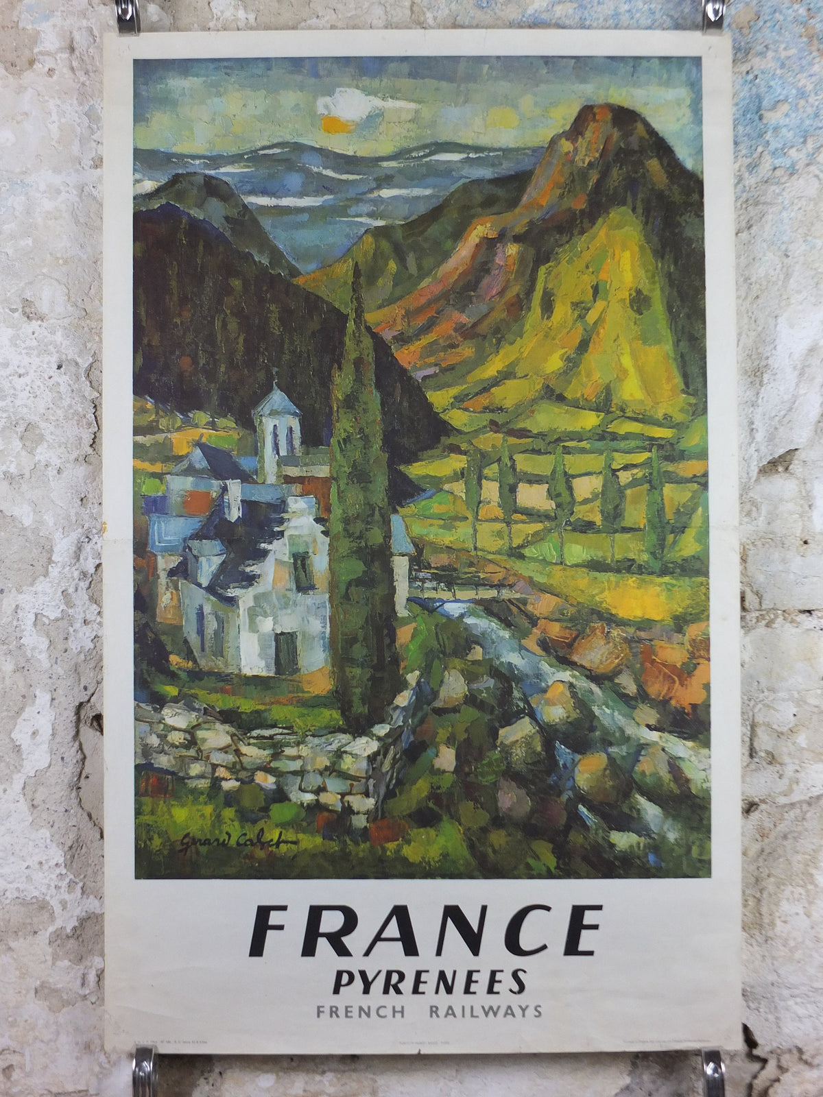1964 SNCF Pyrenees Poster, southern French mountain landscape, by Gerard Cabet, wall art retro decor