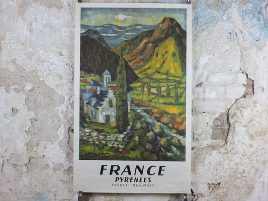1964 SNCF Pyrenees Poster, southern French mountain landscape, by Gerard Cabet, wall art retro decor