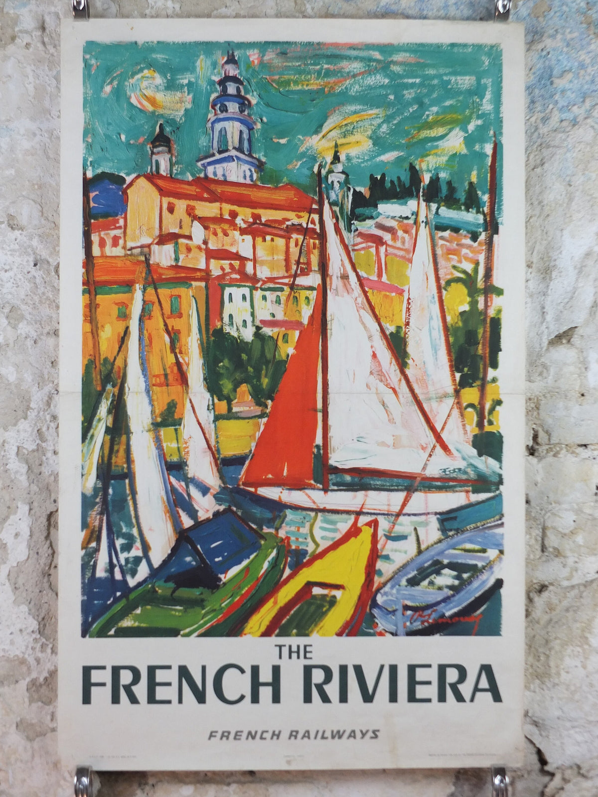 1965 SNCF Cote d'Azur Poster, French Riviera travel poster from Côte d'Azur, by Roger Marcel Limouse, wall art retro decor
