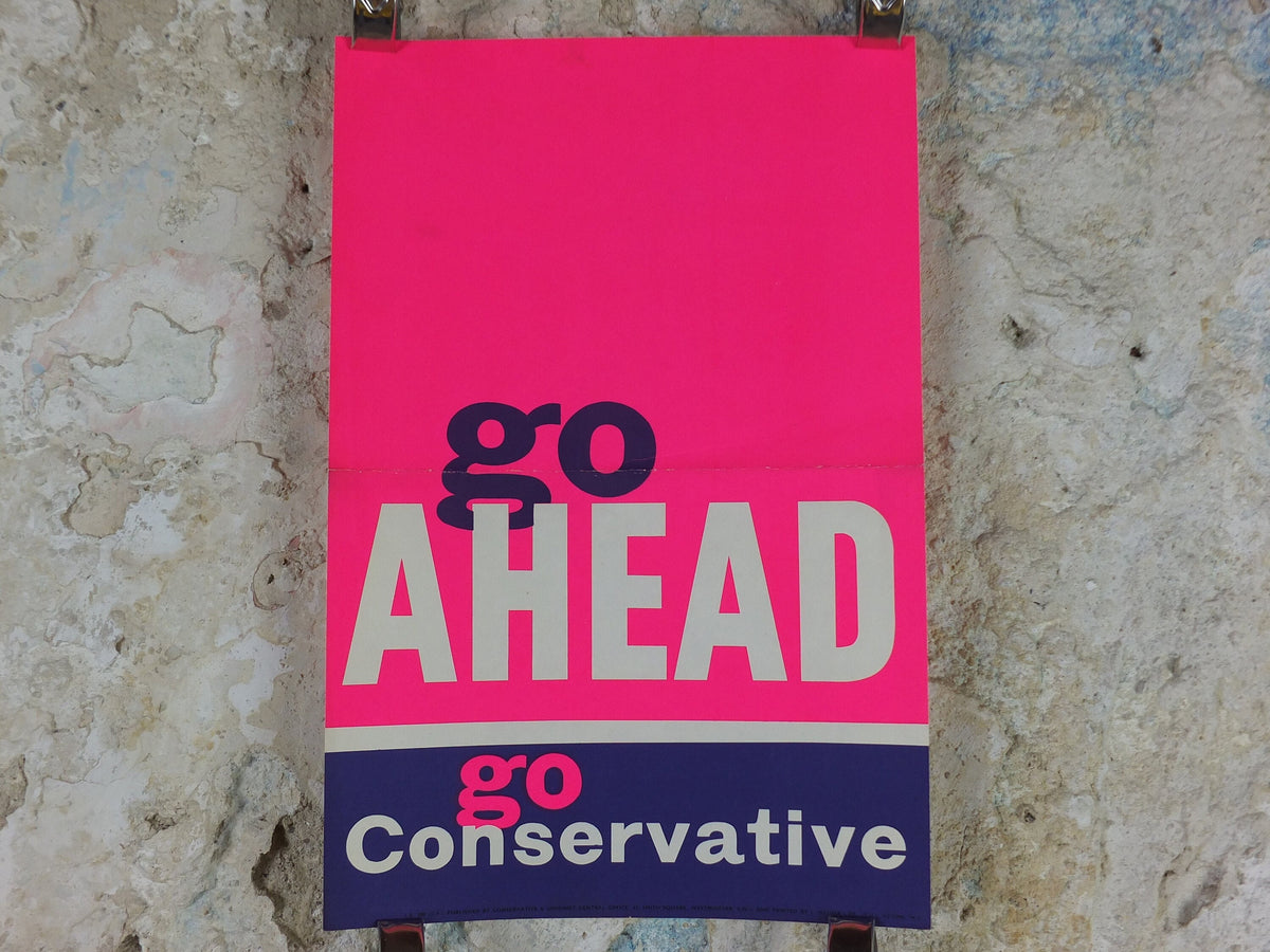 1962 Tory Conservative Party Poster, Go ahead, Go Conservative, Pink Purple Tory election campaigning, Political Propaganda wall art decor