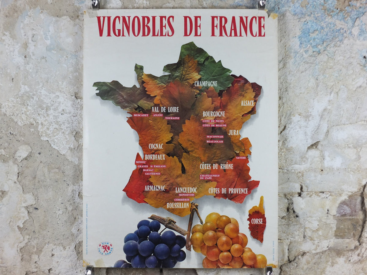 1974 Vineyards of France Poster, Types of French wines, Vins de France, advertising and marketing, Viticulture print wall art decor