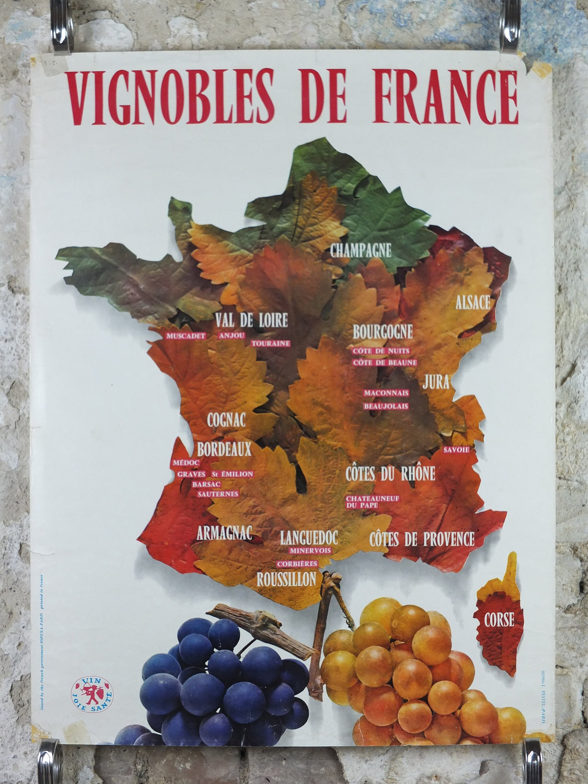 1974 Vineyards of France Poster, Types of French wines, Vins de France, advertising and marketing, Viticulture print wall art decor
