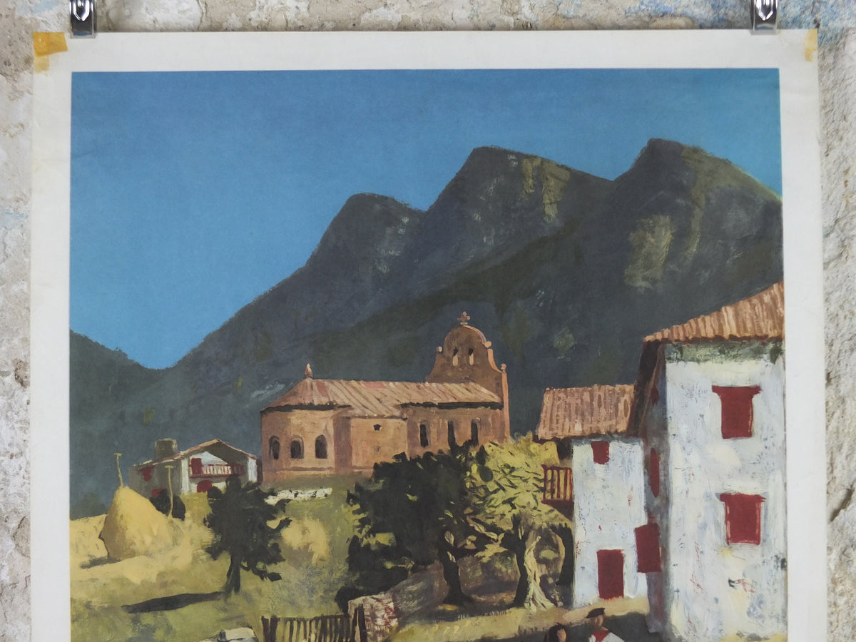 1968 SNCF The Basque Country Poster, southern French mountain Basque village landscape, by Roland Oudot, wall art retro decor
