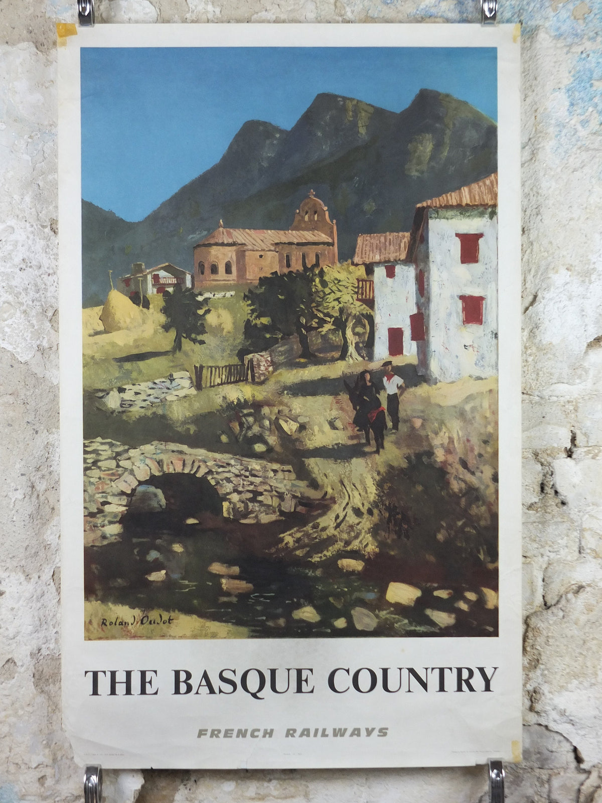 1968 SNCF The Basque Country Poster, southern French mountain Basque village landscape, by Roland Oudot, wall art retro decor