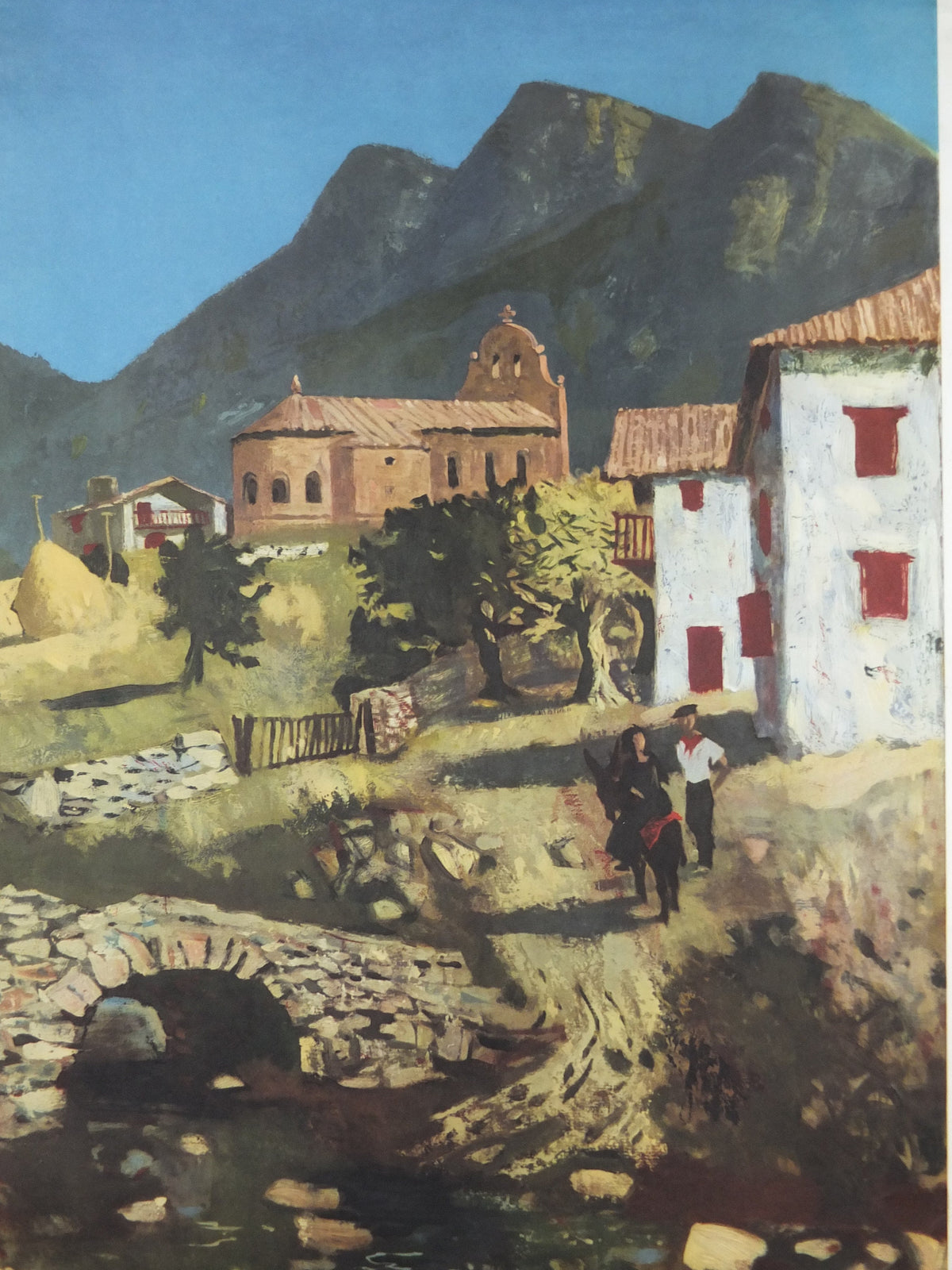 1968 SNCF The Basque Country Poster, southern French mountain Basque village landscape, by Roland Oudot, wall art retro decor