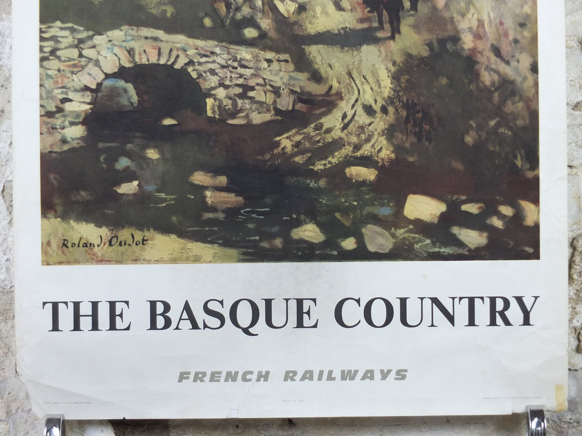 1968 SNCF The Basque Country Poster, southern French mountain Basque village landscape, by Roland Oudot, wall art retro decor
