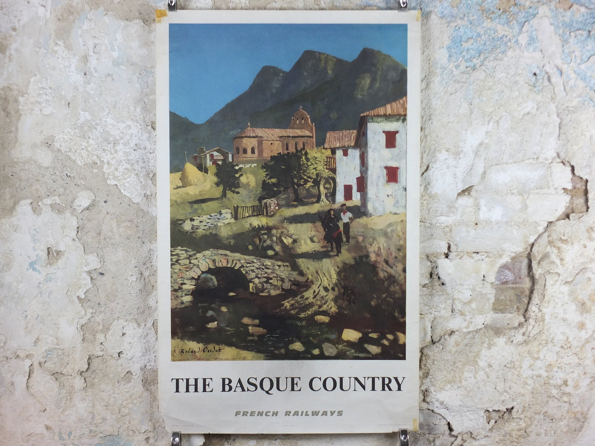 1968 SNCF The Basque Country Poster, southern French mountain Basque village landscape, by Roland Oudot, wall art retro decor