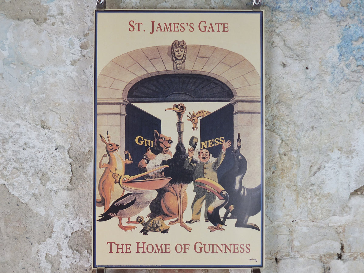 1990s Guinness St James Gate Poster, from Guinness Museum, By John Gilroy 1959, zookeeper with Guinness animals, Wall art decor