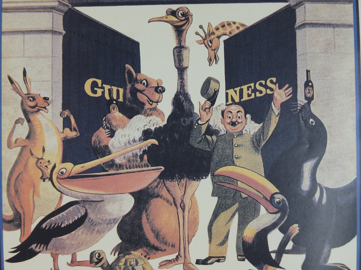1990s Guinness St James Gate Poster, from Guinness Museum, By John Gilroy 1959, zookeeper with Guinness animals, Wall art decor