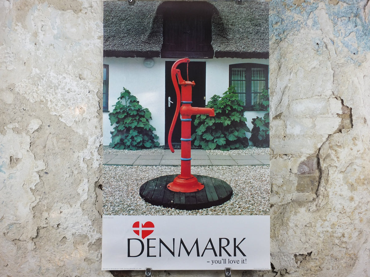 1970s Denmark Travel Poster, Denmark - You'll Love It, old fashioned red water pump, Danish Tourist Board, Travel tourism, wall art decor