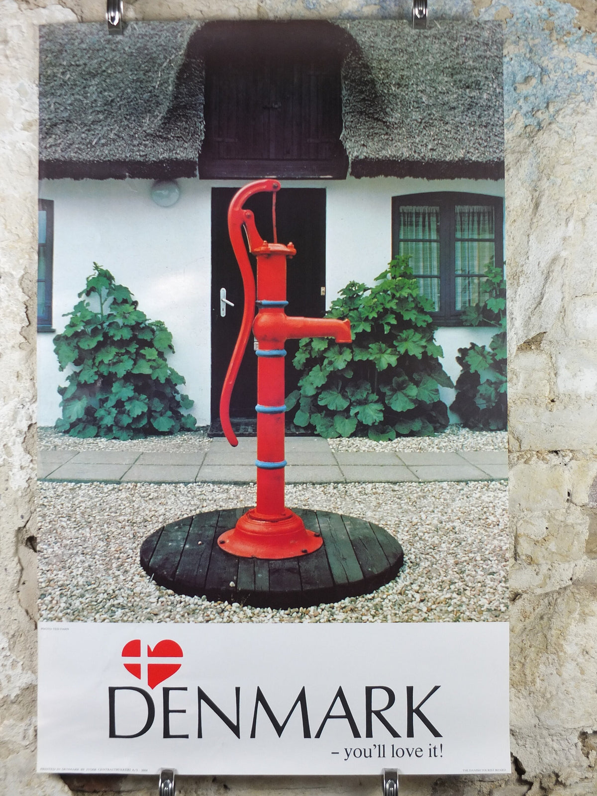 1970s Denmark Travel Poster, Denmark - You'll Love It, old fashioned red water pump, Danish Tourist Board, Travel tourism, wall art decor