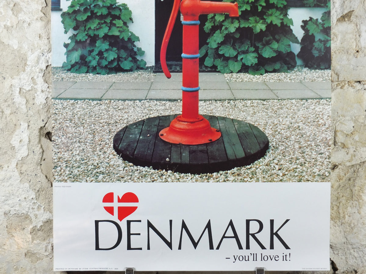 1970s Denmark Travel Poster, Denmark - You'll Love It, old fashioned red water pump, Danish Tourist Board, Travel tourism, wall art decor