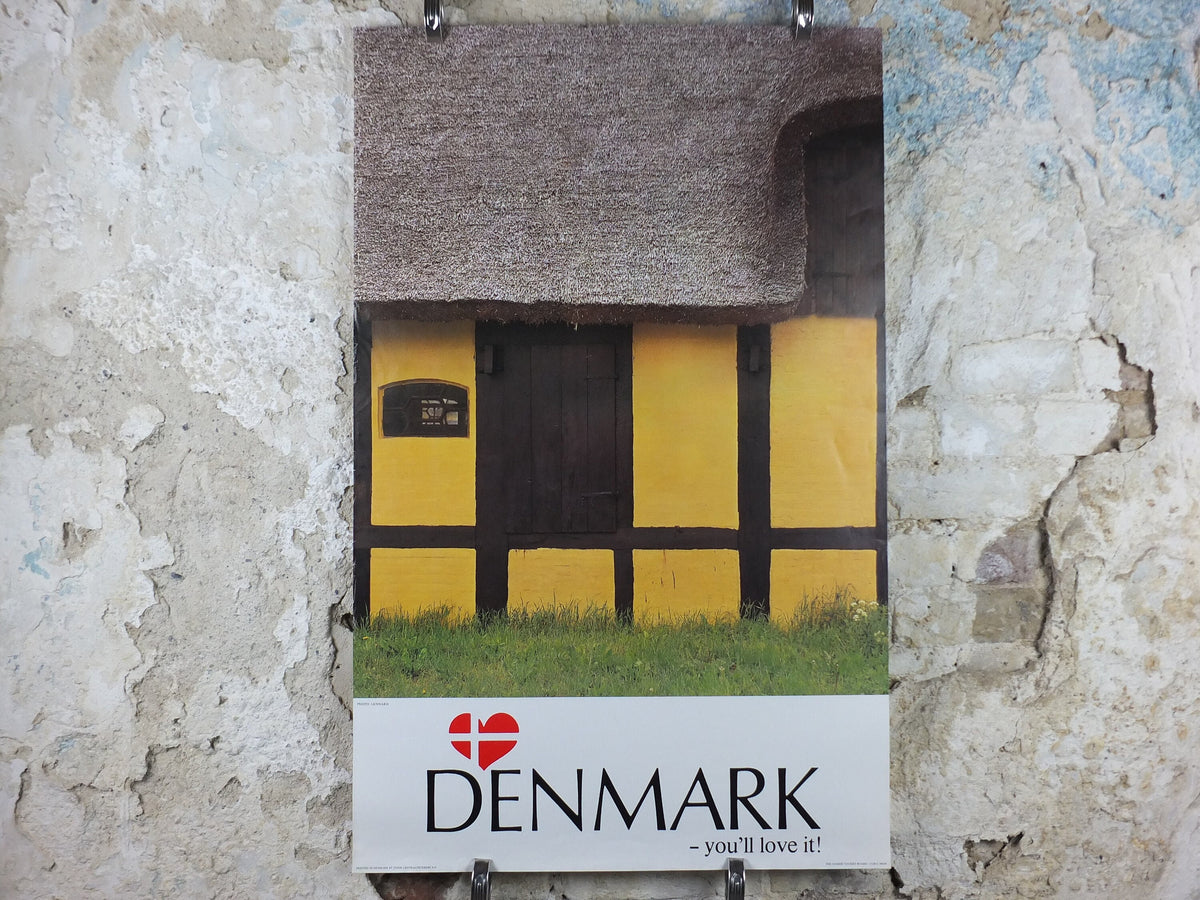 1970s Denmark Travel Poster, Denmark - You'll Love It, old yellow thatched house, Danish Tourist Board, Travel tourism, wall art decor