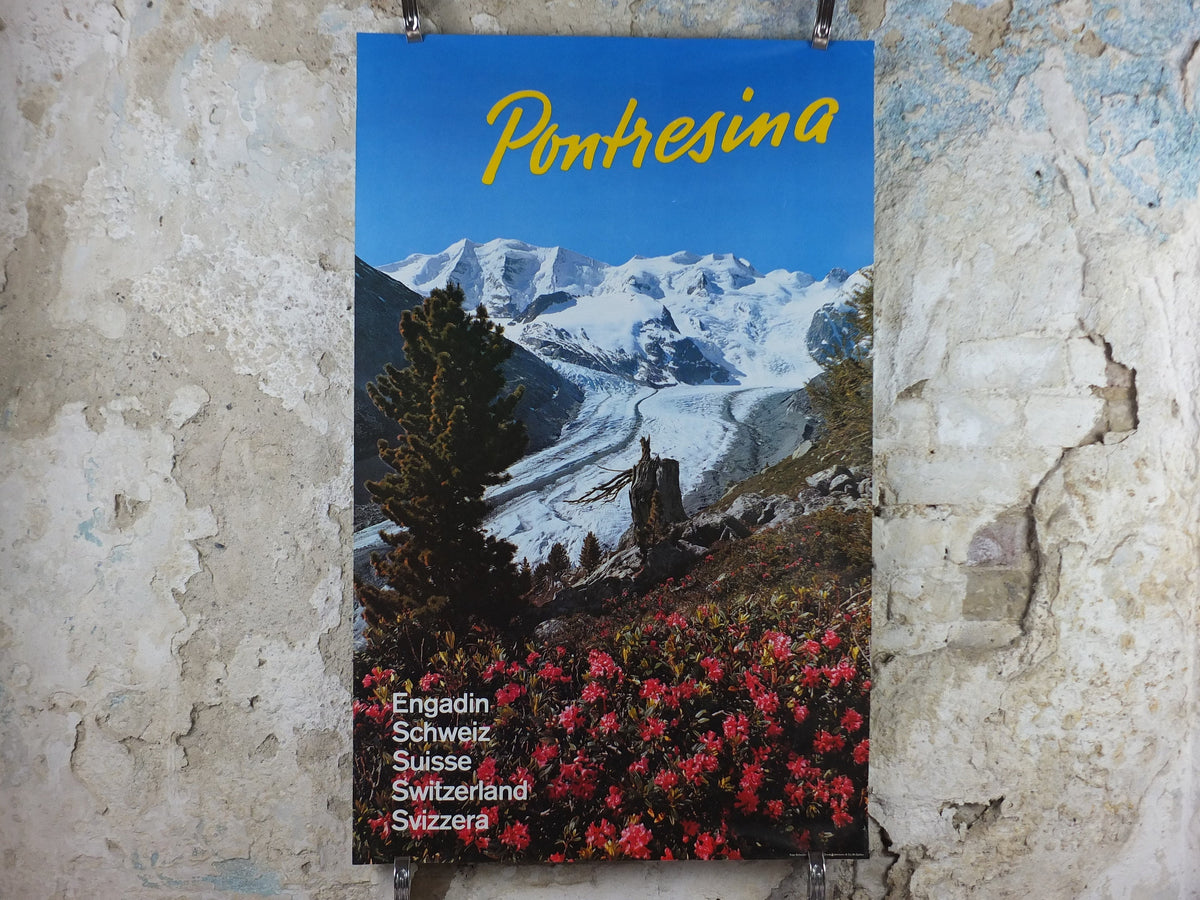 1972 Pontresina Skiing Poster, Engadin Alps, St Moritz, Snow, Switzerland, Suisse, Schweiz, mountain tourism ski vacation wall art decor