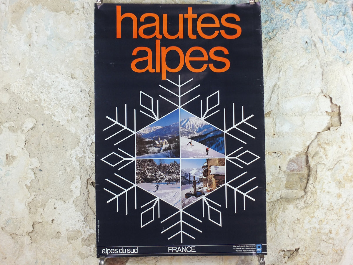 1970s Haute Alpes Ski Poster, Provence Alpes Cote d'Azur, Snow, France, mountain tourism ski vacation wall art decor