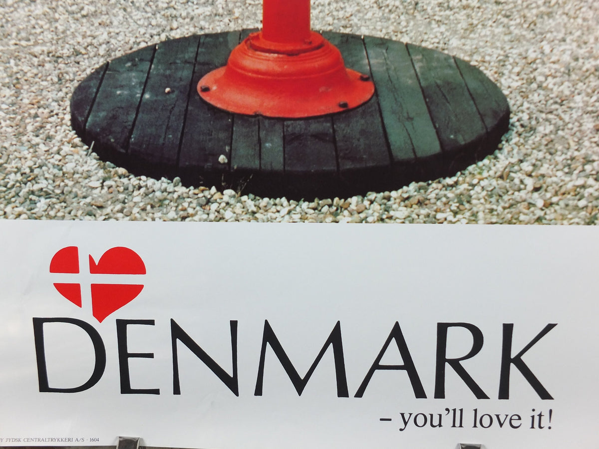 1970s Denmark Travel Poster, Denmark - You'll Love It, old fashioned red water pump, Danish Tourist Board, Travel tourism, wall art decor