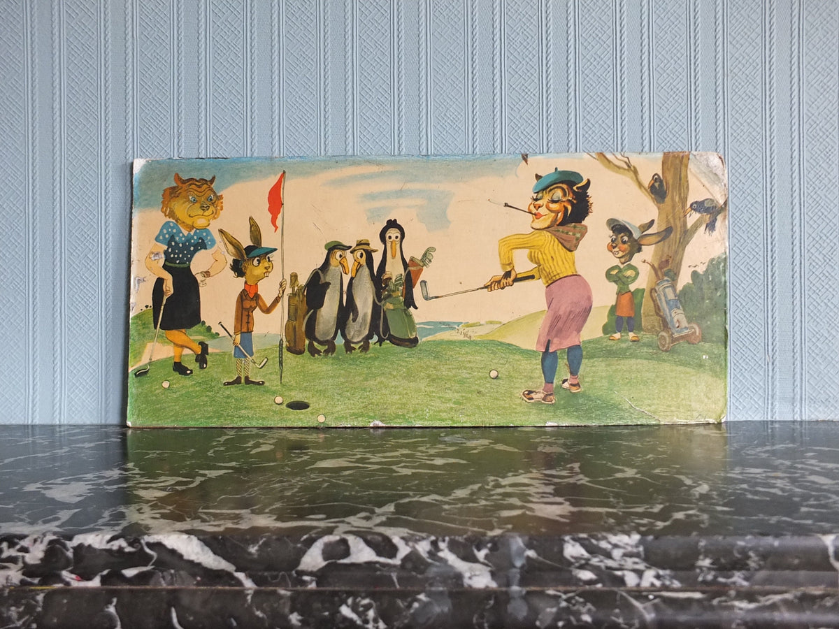 1950s John Gilroy Poster, Animals playing golf, putting on the green with cats rabbits and penguins, printed on hard board, wall art decor