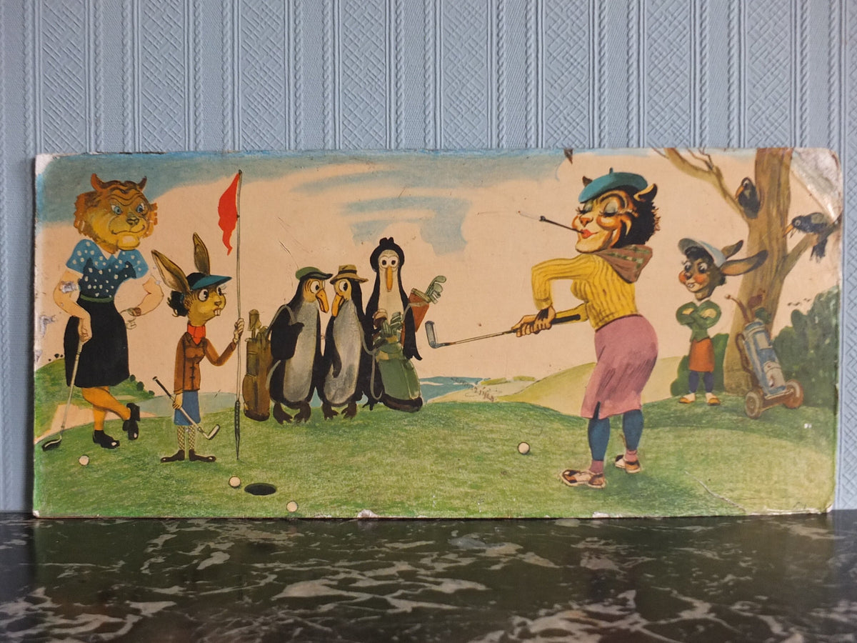 1950s John Gilroy Poster, Animals playing golf, putting on the green with cats rabbits and penguins, printed on hard board, wall art decor