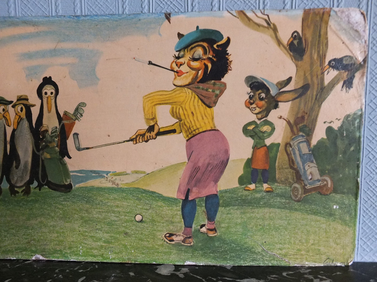 1950s John Gilroy Poster, Animals playing golf, putting on the green with cats rabbits and penguins, printed on hard board, wall art decor
