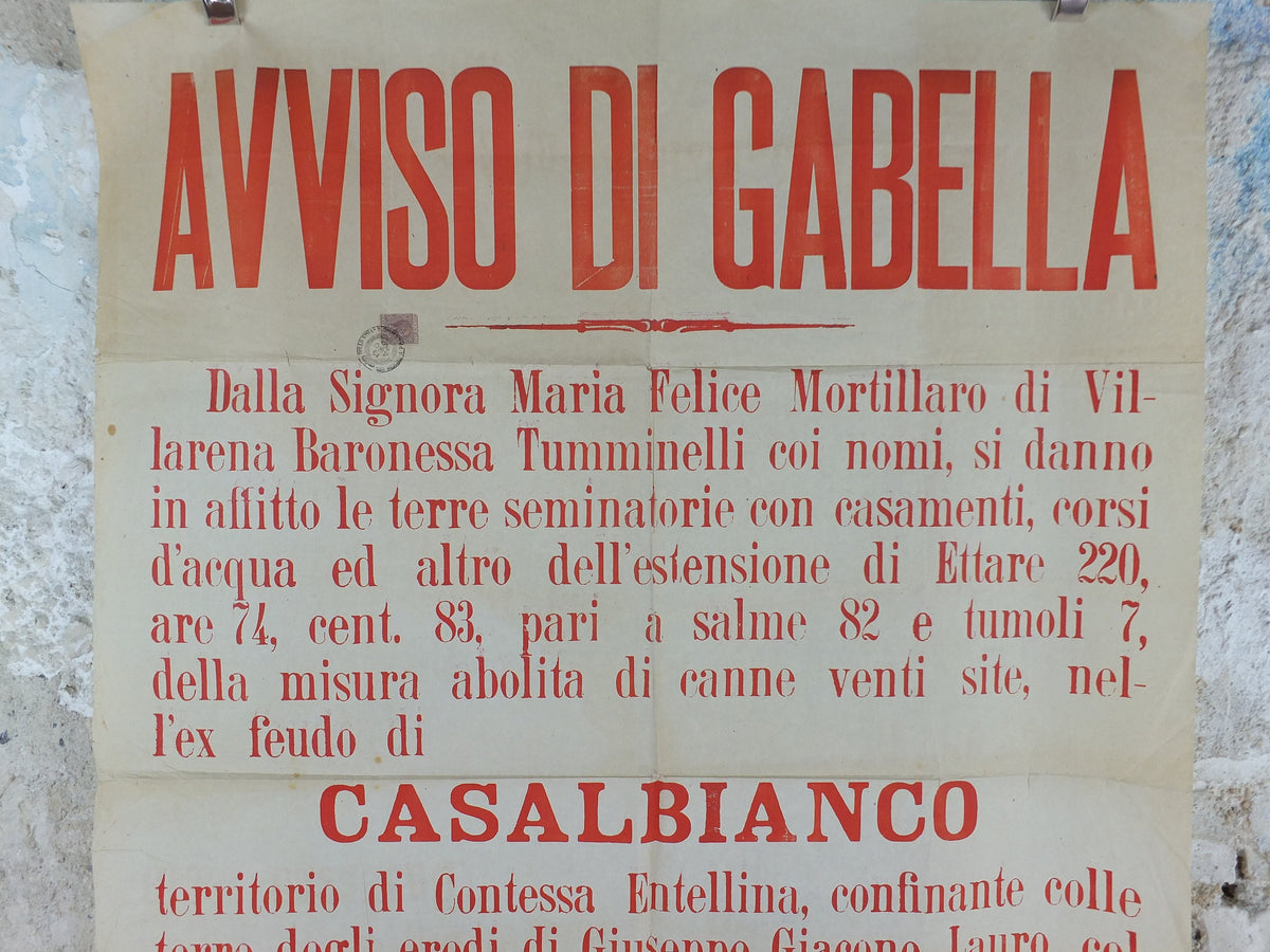 1903 Palermo Avviso di Gabella Poster, Baronessa Tumminelli, an early 20C tax notice for Casalbianco in Sicily, Italy, wall art decor