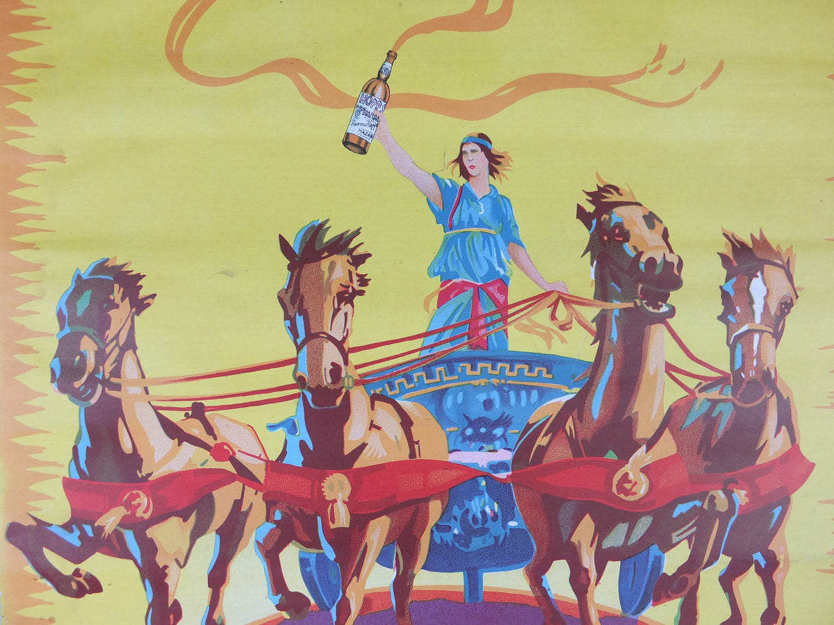 1930 James Hopps & Sons Masala Poster, golden marsala classico with maiden in a chariot, drinking alcohol, advertising print wall art decor
