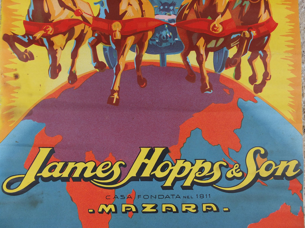 1930 James Hopps & Sons Masala Poster, golden marsala classico with maiden in a chariot, drinking alcohol, advertising print wall art decor