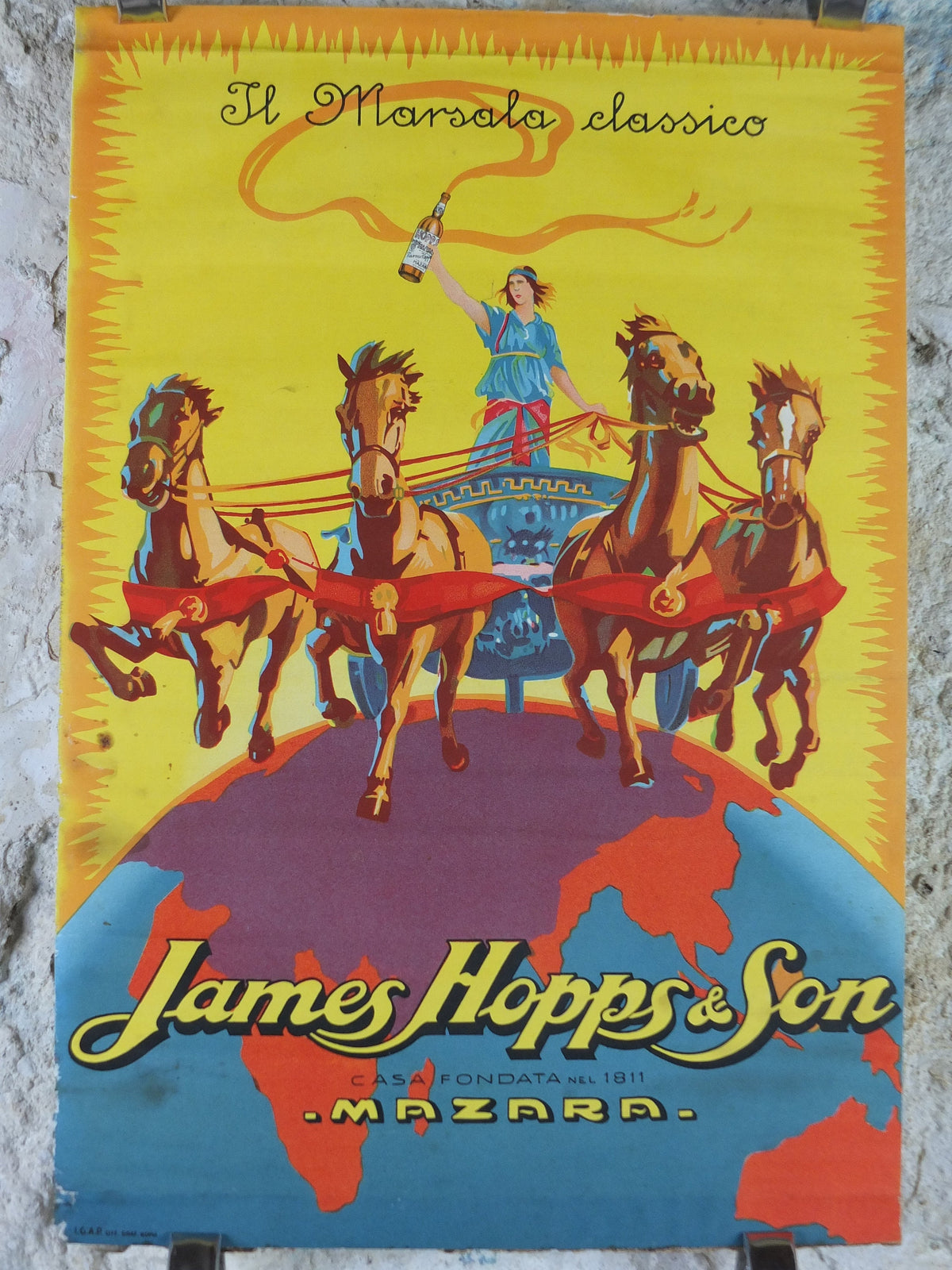 1930 James Hopps & Sons Masala Poster, golden marsala classico with maiden in a chariot, drinking alcohol, advertising print wall art retro