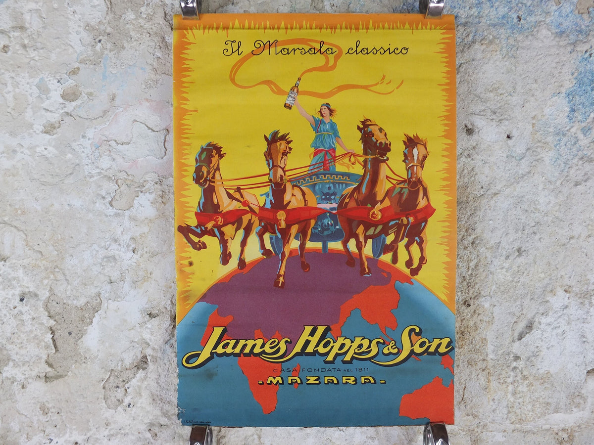 1930 James Hopps & Sons Masala Poster, golden marsala classico with maiden in a chariot, drinking alcohol, advertising print wall art decor