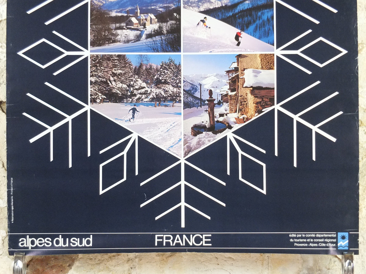 1970s Haute Alpes Ski Poster, Provence Alpes Cote d'Azur, Snow, France, mountain tourism ski vacation wall art decor