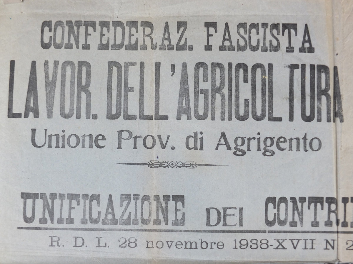 1938 Agriculture in Agrigento Poster, original paper notice for combined fascist agriculture organisations in Sicily, Italy, wall art decor